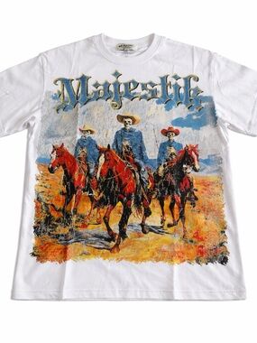 Majestic White Short Sleeve Tee with Red & Blue Western Skeleton Riders